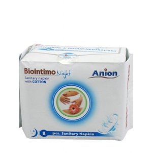 Aniónové nočné hygienické vložky s krídlami Biointimo Anion 8 ks